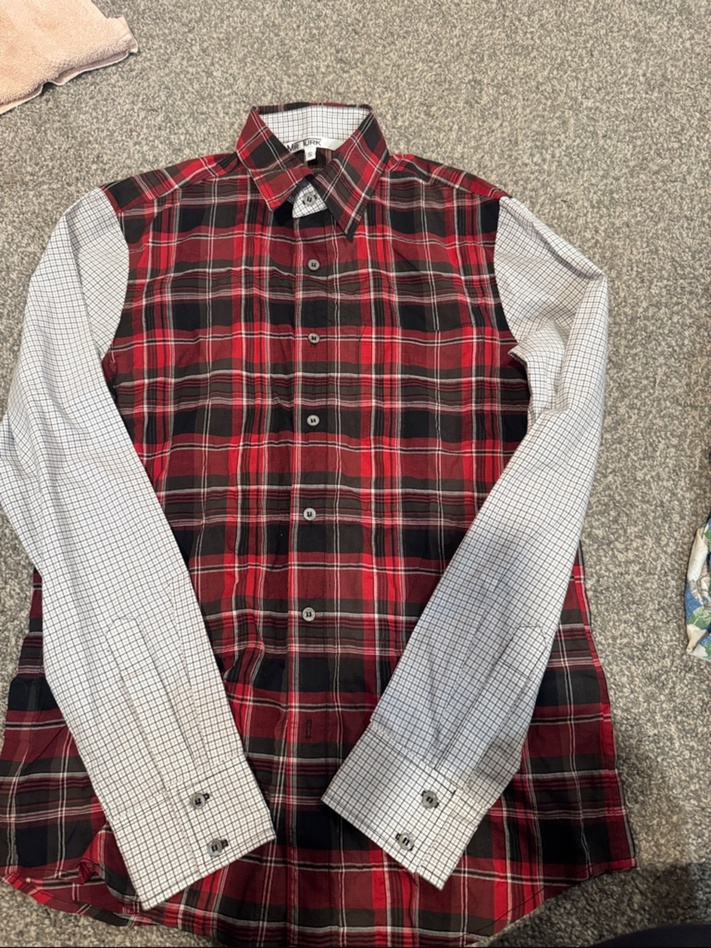 Men's Red & Black Plaid Button-Down Shirt with White Grid Sleeves